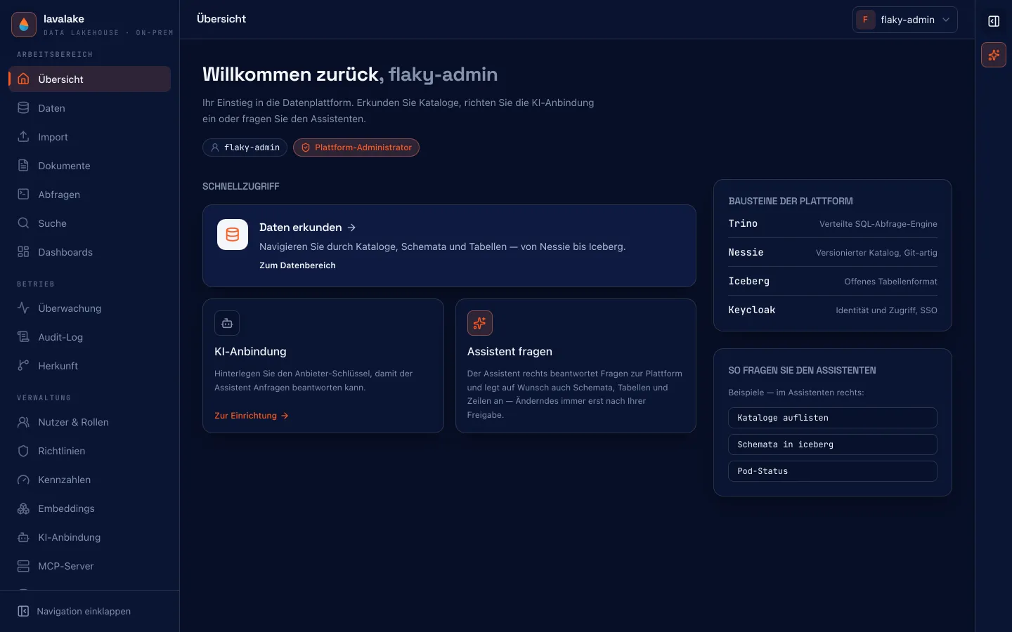 Die Übersichtsseite der lavalake-Konsole: links die Navigation nach Arbeitsbereich, Betrieb und Verwaltung, in der Mitte Schnellzugriffe, rechts die Bausteine der Plattform.