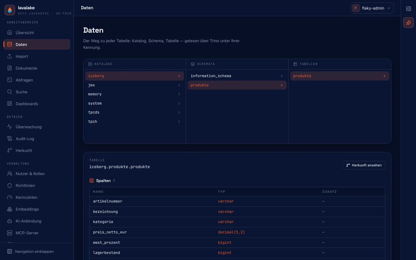 Der Datenbrowser: drei Spalten für Katalog, Schema und Tabelle, darunter die Spalten der gewählten Tabelle mit ihren Typen und ein Knopf zur Herkunft.