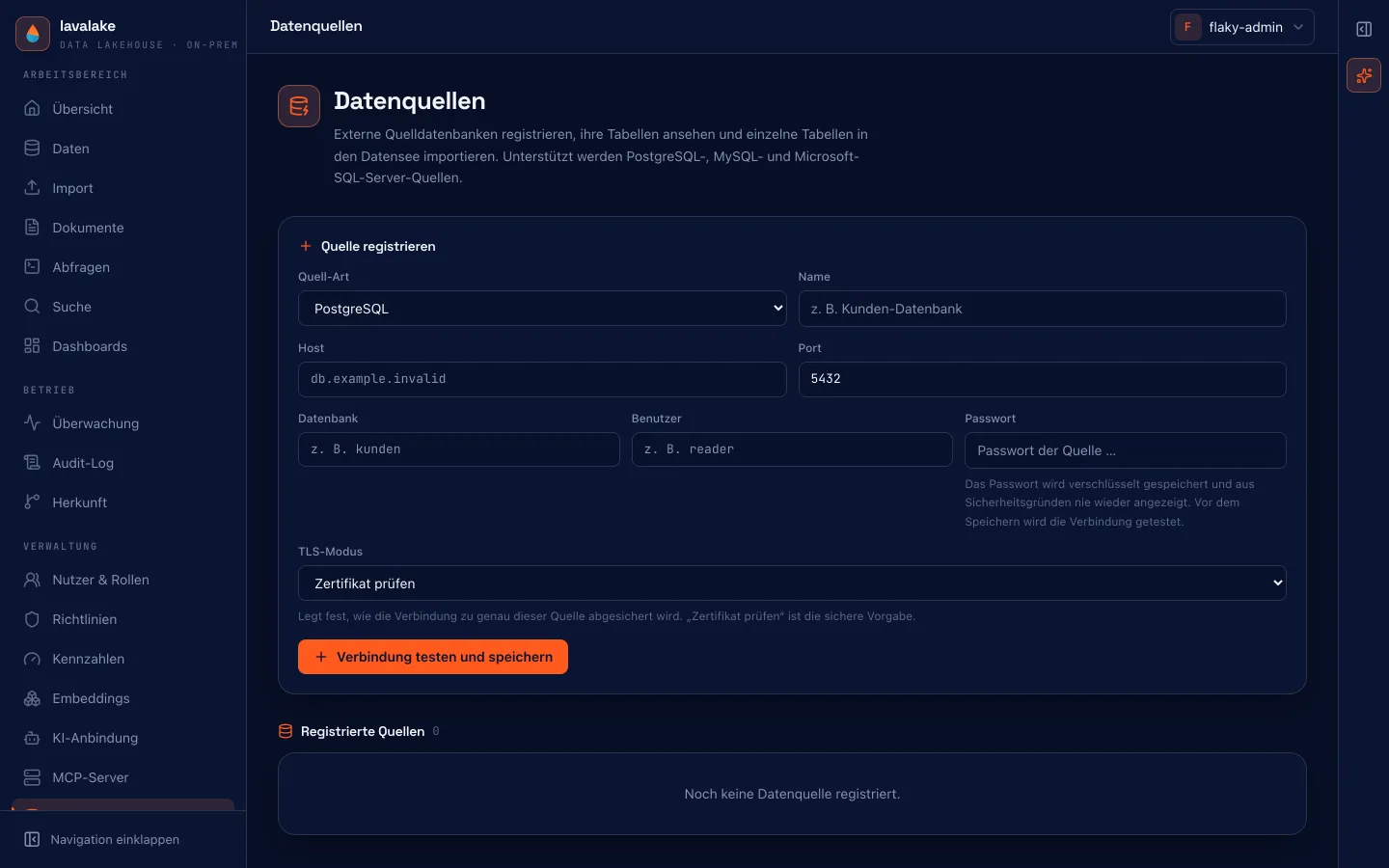 Das Formular zum Registrieren einer Quelldatenbank mit Feldern für Quell-Art, Name, Host, Port, Datenbank, Benutzer, Passwort und TLS-Modus.